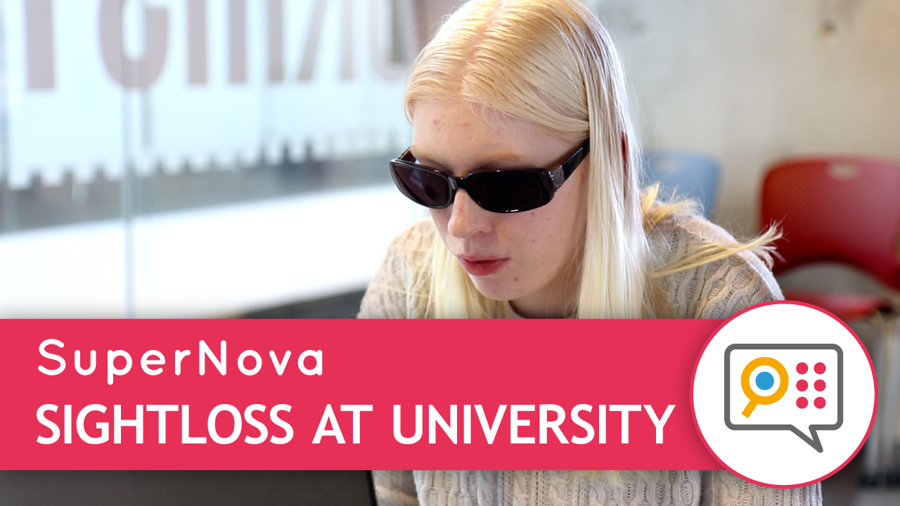 Sightloss at University video thumbnail. Image of female student looking at her laptop.